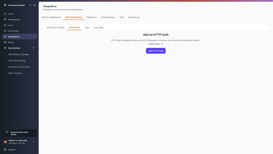 Integrations (API & Credentials → HTTP Auth) screenshot