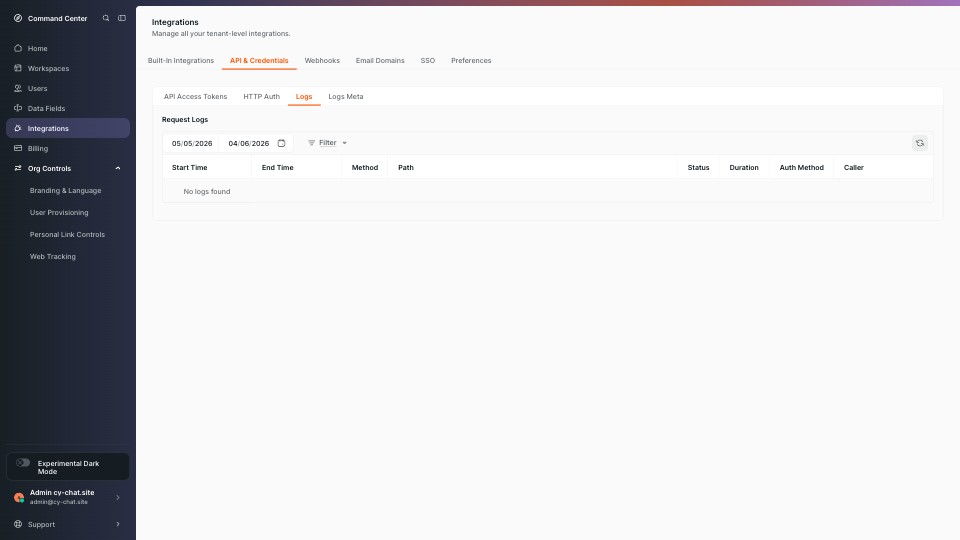 Integrations (API & Credentials → Logs) screenshot